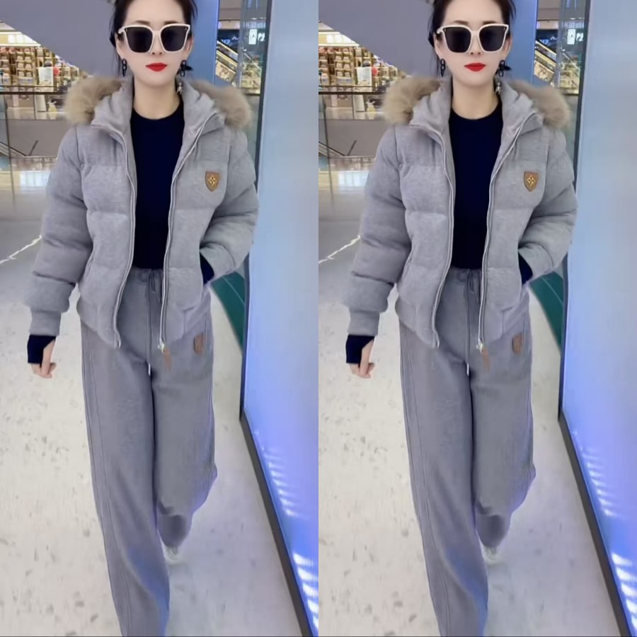 加棉加厚保暖毛领连帽外套直筒裤