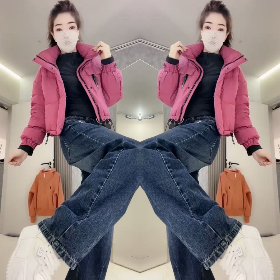 时尚抽绳连帽不对称拉链短棉服女