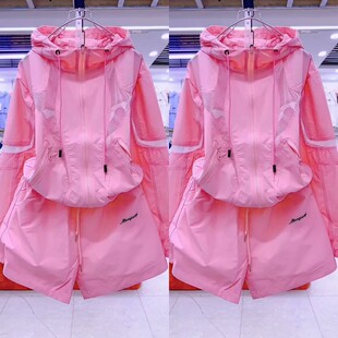休闲糖果色防晒套装2025夏季新款拼网刺绣连帽外套短裤运动两件套