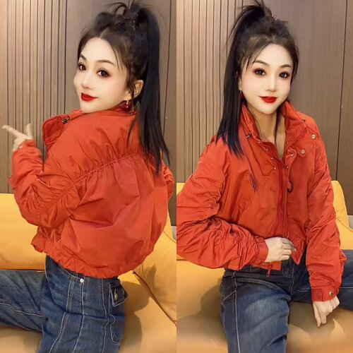 欧货抽褶棒球服薄棉外套彩色夹克