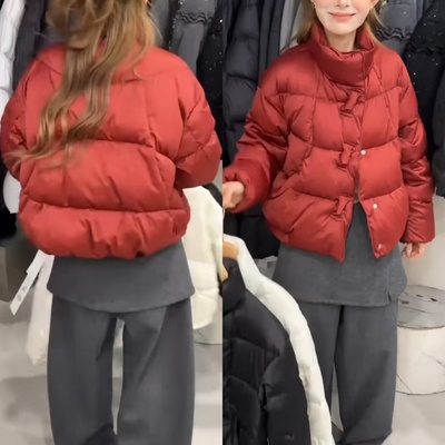 蝴蝶结时尚羽绒棉服外套本命红女