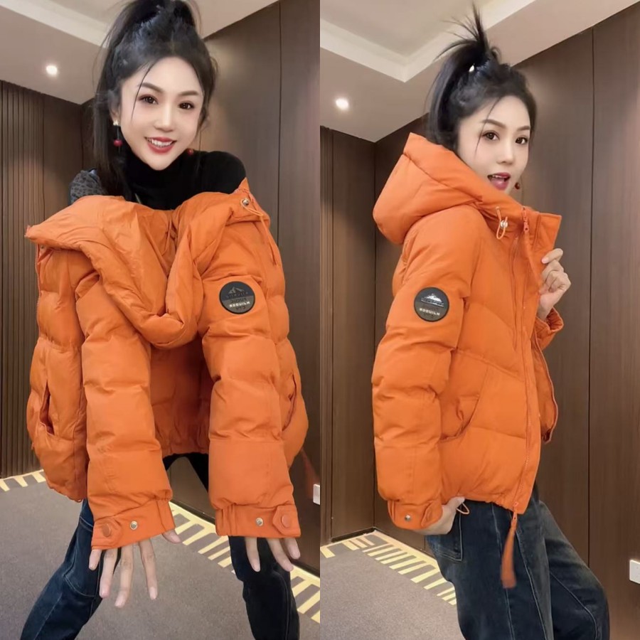 欧货洋气袖标连帽抽绳双拉链纯色棉服2025冬季新款运动休闲百搭女