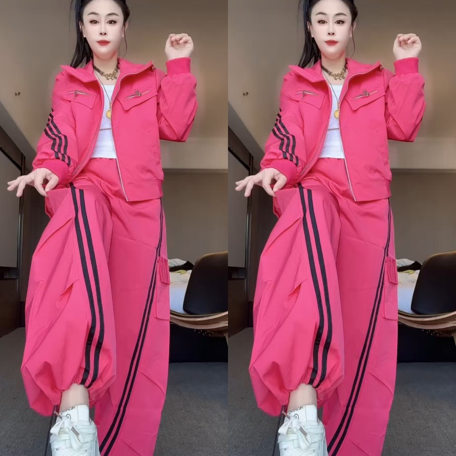 潮牌侧杠冲锋衣套装宽松运动风春