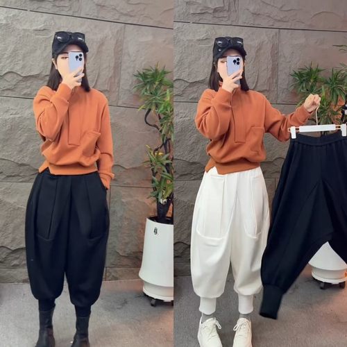 半拉链蚂蚁腰卫衣束脚哈伦裤套装