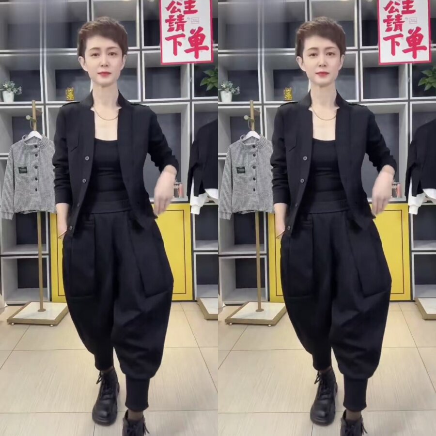 时尚显瘦开衫小西服外套宽松垮裤春季新款休闲时髦个性酷帅哈伦裤
