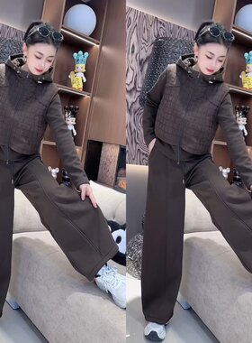 加绒压格假两件外套弯刀裤套装秋