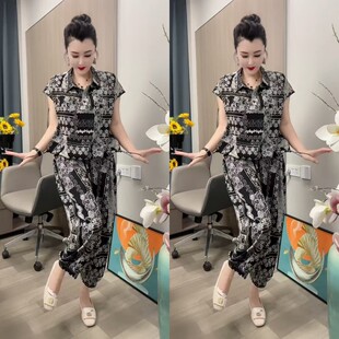 欧花休闲套装2025夏季新款洋气高档宽松凉快抽绳短袖灯笼裤两件套