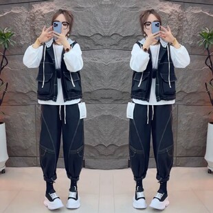 时尚 欧货时髦明线马甲哈伦裤 此款 三件套2026春季 休闲百搭 连帽小衫