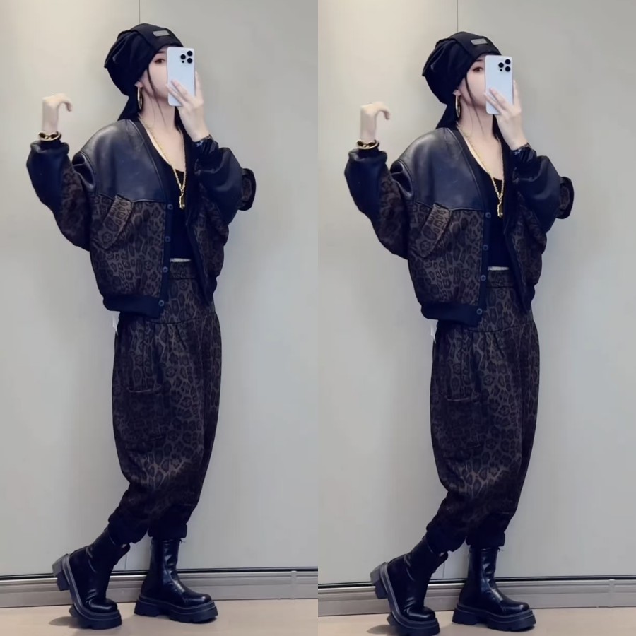 欧货个性豹纹拼接外套哈伦裤套装