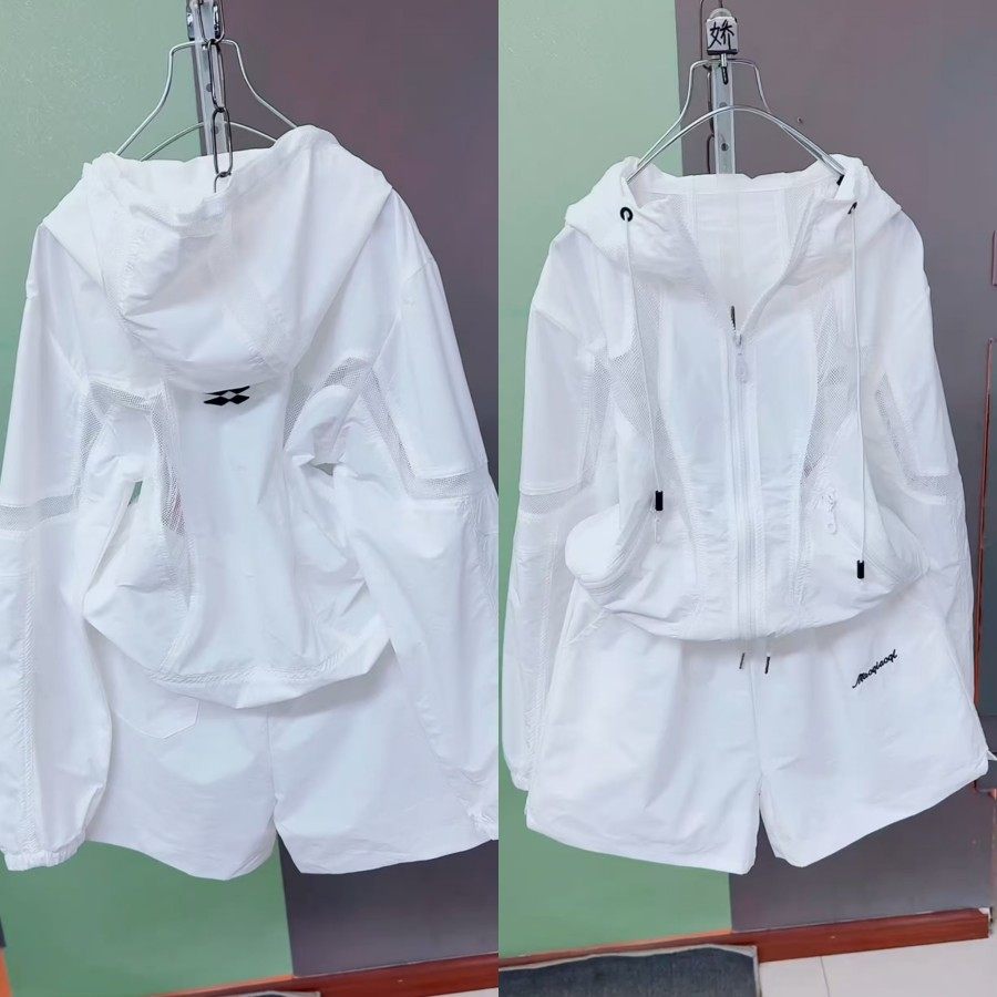 休闲运动糖果色防晒速干套装2025夏季新款连帽外套短裤时尚两件套