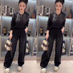 欧货烫钻满天星炒色套装2026早春新款休闲卫衣弯刀阔腿裤两件套女
