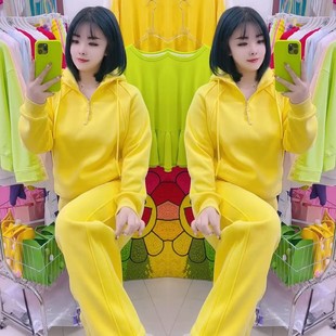 气质高档休闲套装2026早春新款连帽卫衣抽绳裤脚直筒裤彩色两件套