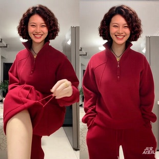 欧货立领半拉链卫衣束脚裤加绒两件套2025冬季新款休闲运动套装潮