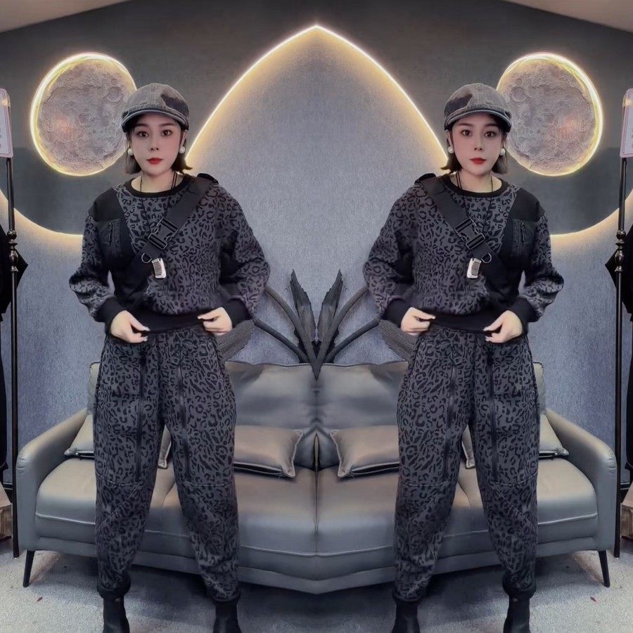 欧货个性迷彩豹点卫衣双拉链哈伦裤套装2026早春新款休闲两件套潮,女装/女士精品,休闲运动套装,淘宝优惠券,粉丝福利购,淘宝优惠卷