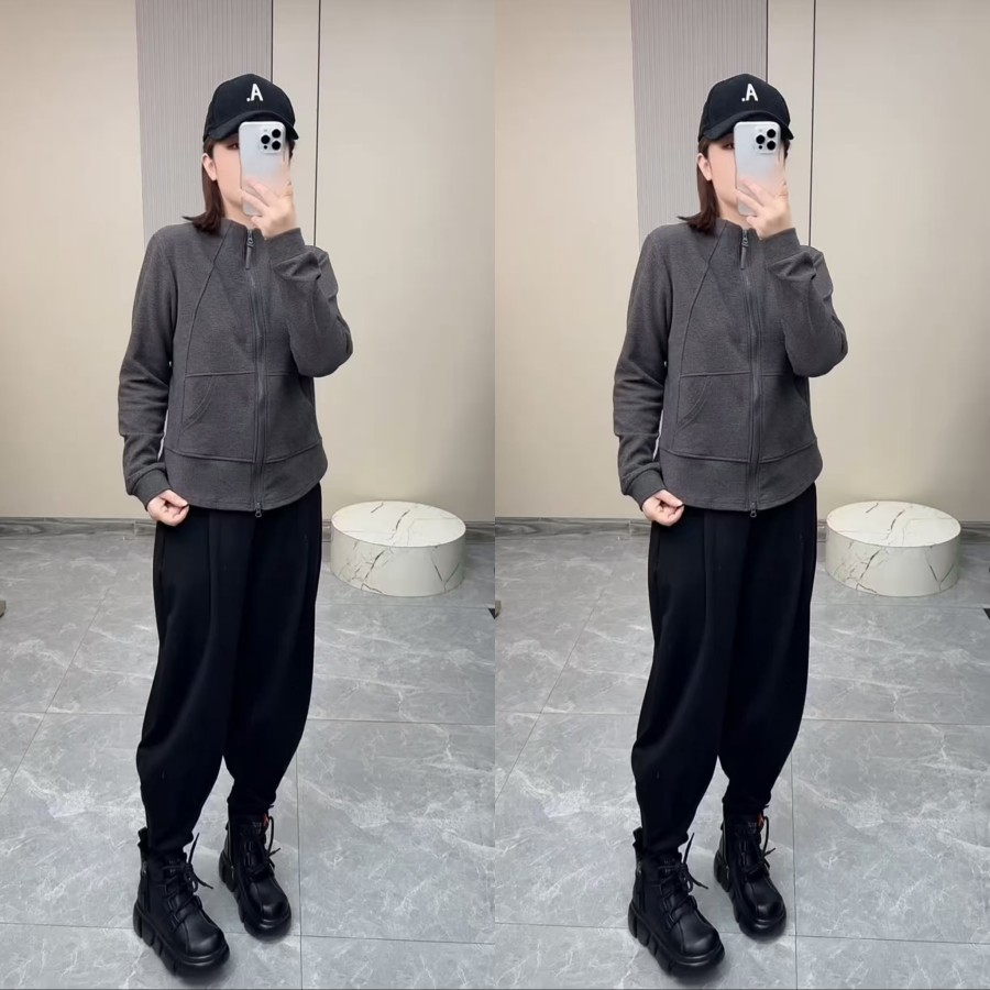 休闲抓绒拉链外套哈伦裤套装保暖