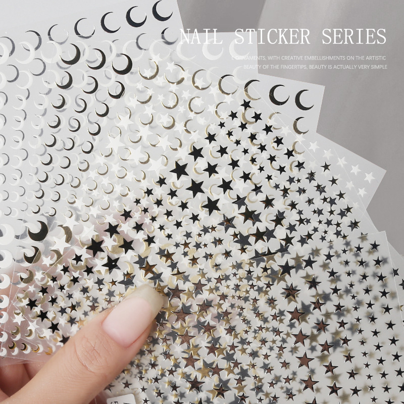 Aha梦幻大小星星可爱美甲贴纸月牙星芒日系金银黑白指甲贴装饰品
