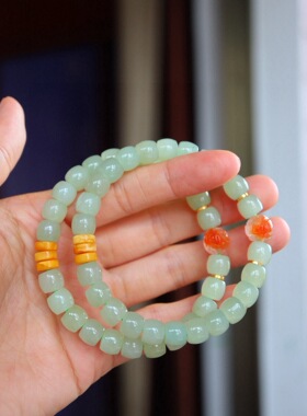 天然和田玉晴水手链晴水料老型珠搭配原矿蜜蜡鸡油黄男女款手串