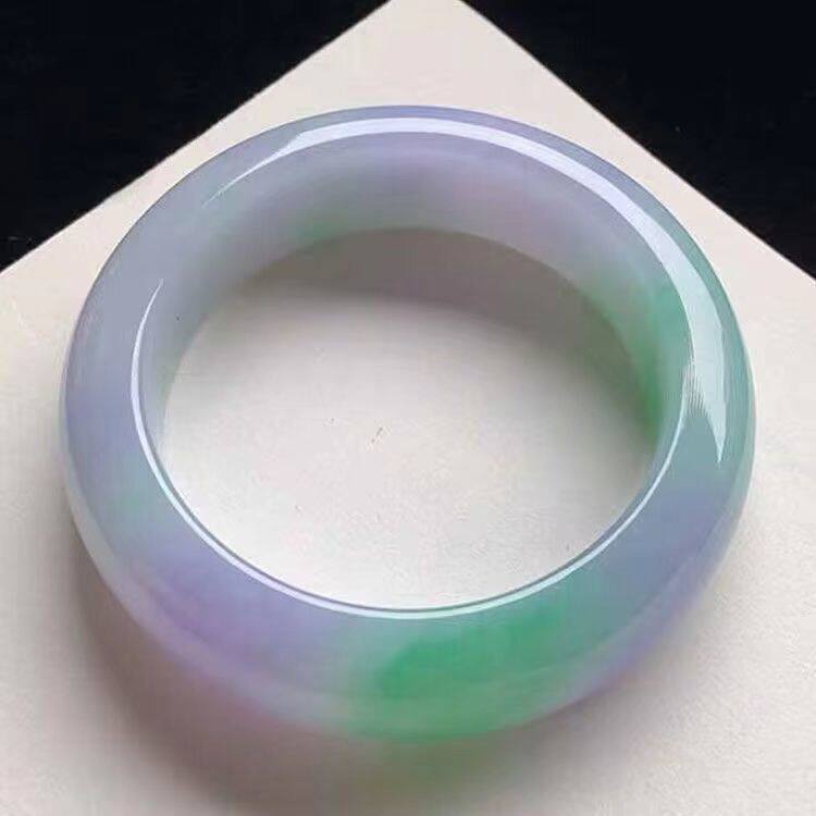 【带证】冰糯种春带彩翡翠手镯紫罗兰阳绿春彩缅甸翡翠玉镯宽版厚
