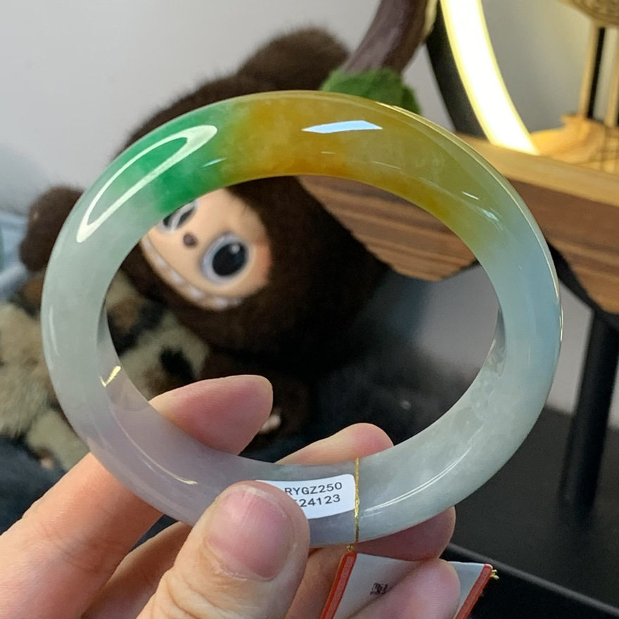 【带证】缅甸天然翡翠处理冰糯种玉石三彩正圈贵妃圆条手镯子女款