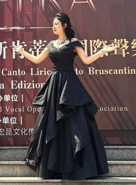 礼服出租显瘦黑色一字肩声乐艺考年会主持运动会举牌成人礼晚礼服