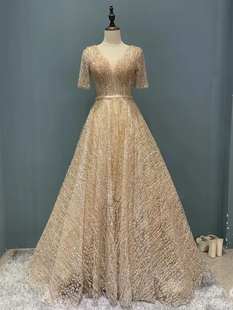 礼服出租高端宴会金色短袖主持走红毯走秀新娘敬酒订婚年会晚礼服