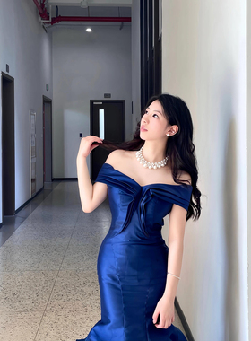 礼服出租时尚修身蓝色一字肩鱼尾晚礼服声乐艺考年会主持派对走秀