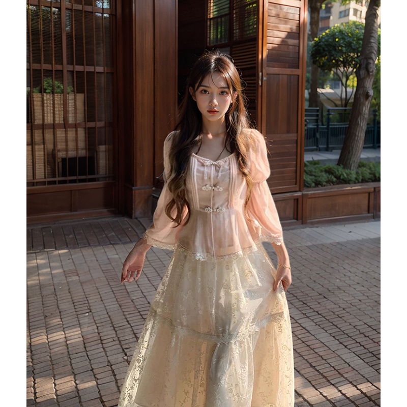 新中式国风粉色套装女2025年春季新款收腰上衣蕾丝半裙温婉两件套