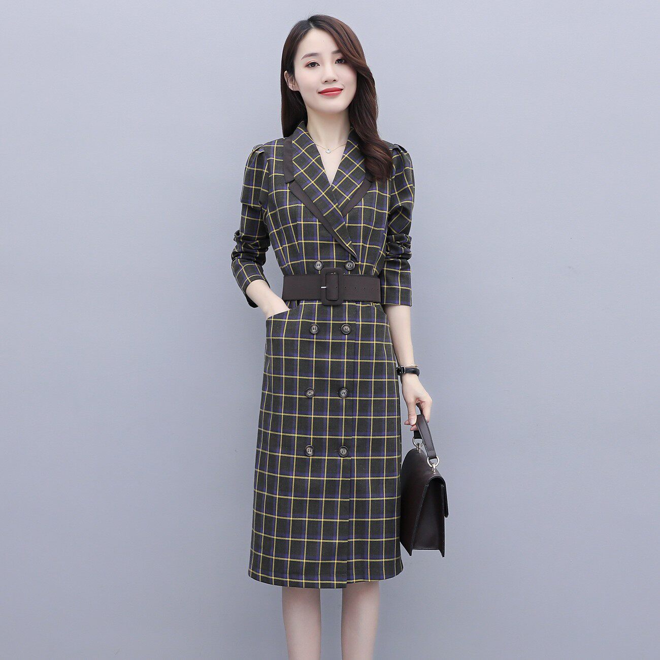 2020春秋装中长新款女韩版气质ol风格子修身收腰显瘦长袖连衣裙子