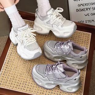 高鹏真皮老爹鞋女厚底小个子增高2025夏款显脚小薄款透气女鞋2526