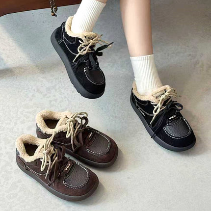 阳光壹佰2025冬款真皮棉鞋女平底加绒加厚时尚休闲德训女鞋7326-1