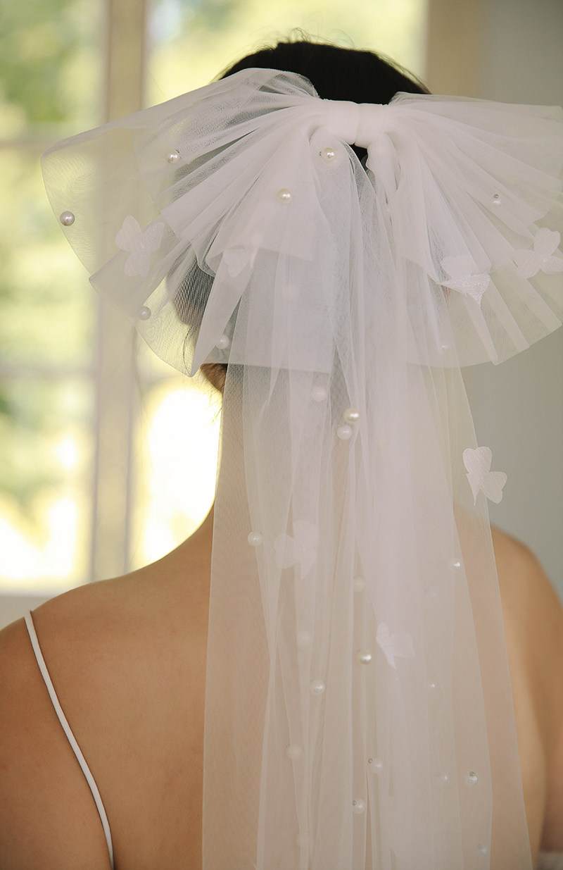 yesdress新娘结婚婚礼ins蝴蝶结花瓣珍珠领证登记拍照头纱