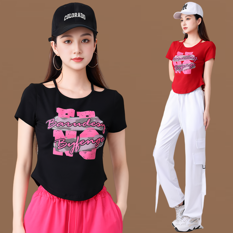 夏季新款时尚运动服装圆领印花短袖搭配宽松飘带工装裤户外舞蹈服