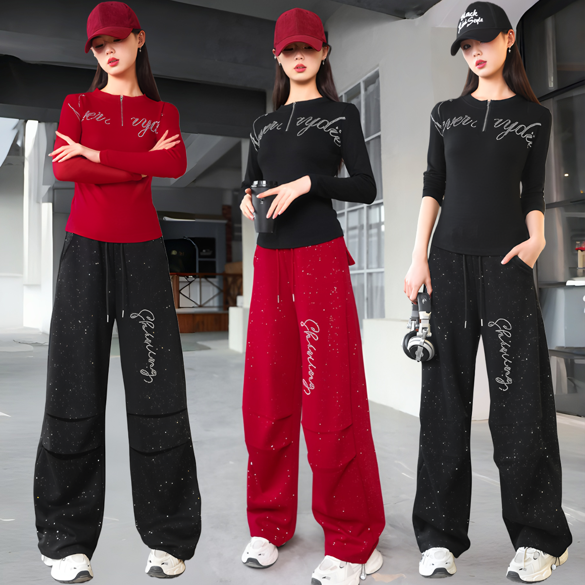 时尚鬼步舞运动健身操字母水晶钻秋冬新款长袖立领跳舞长裤套装女