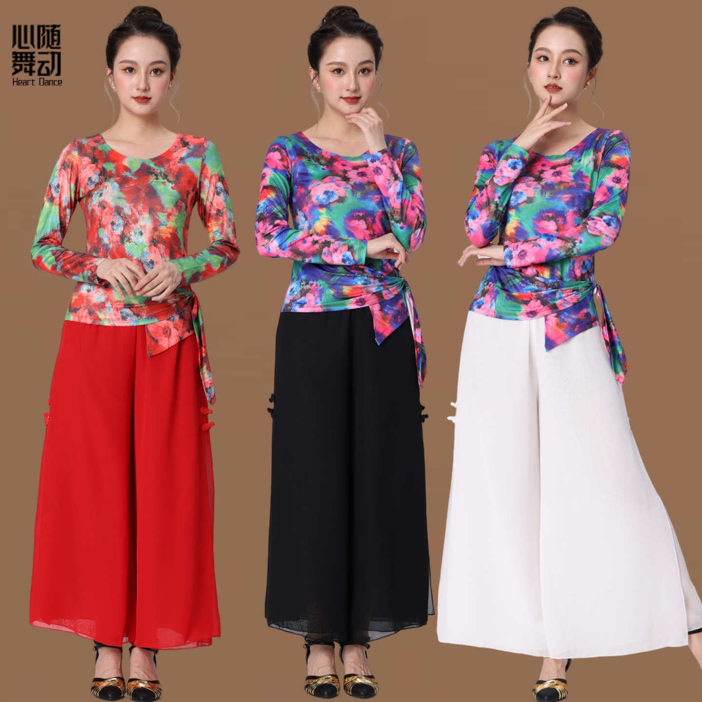 碎花长袖广场舞服装套装大码