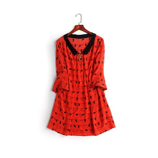 宽松休闲款 真丝双绉桑蚕丝 红色黑猫印花 撞色翻领 连衣裙 5分袖