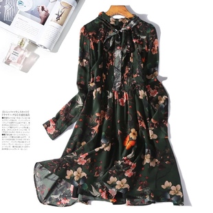 油画感 复古高雅 真丝双绉 墨绿色印花立领木耳边长袖连衣裙