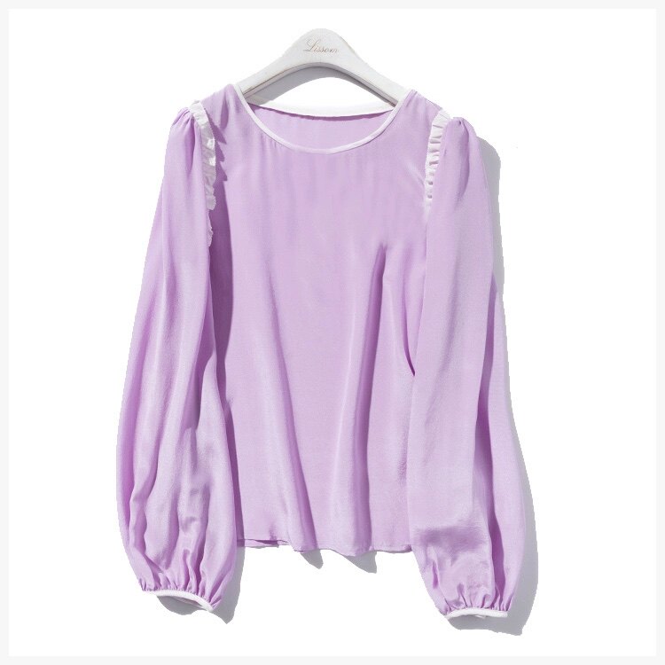 马卡龙色 真丝双绉 撞色木耳边设计感 圆领长袖上衣衬衫罩衫小衫