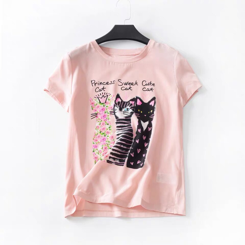 特价猫咪印花减龄款桑蚕丝拼接棉圆领短袖T恤女宽松百搭上衣