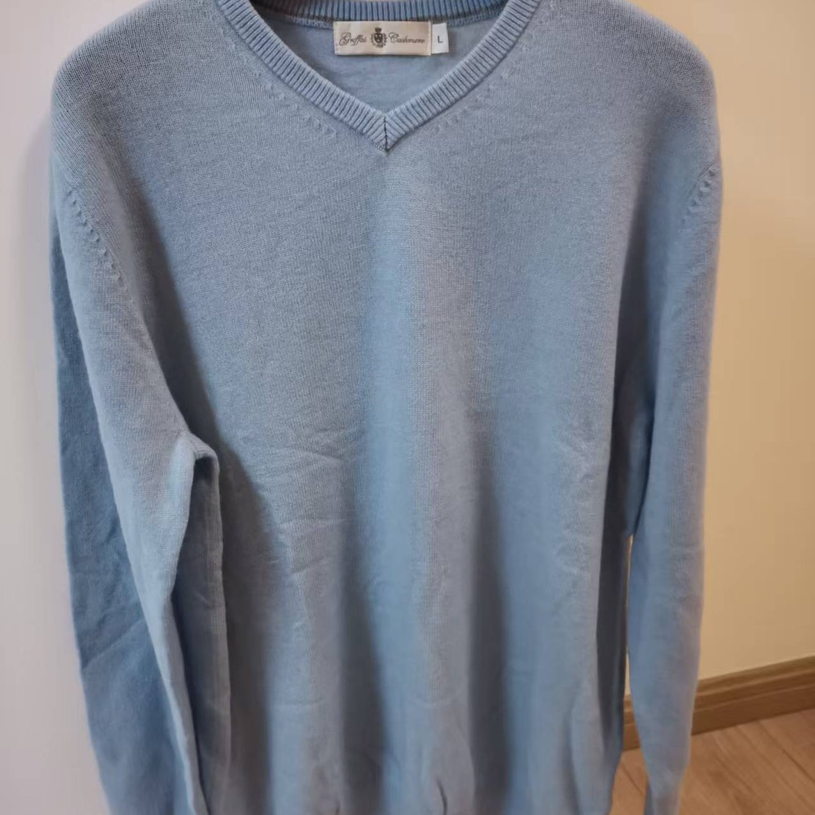 大码羊毛混纺 蓝灰色V领套头薄款针织衫毛衣打底衫基础款男女同款