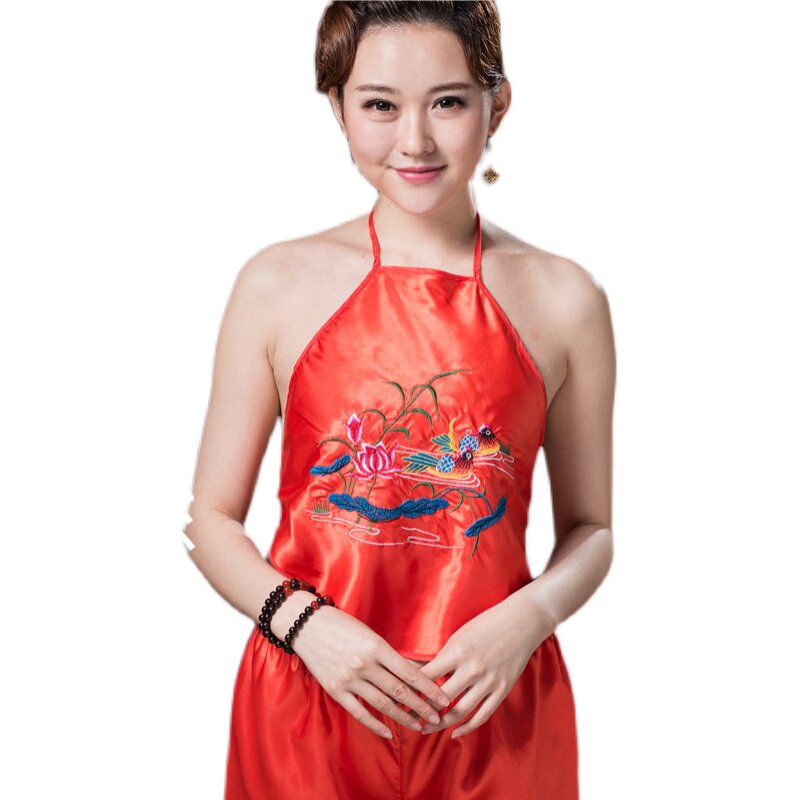 成人女士肚兜式睡衣裤性感夏季款蕾丝新娘婚红色鸳鸯刺绣古装汉服