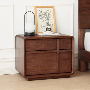 中古风黑胡桃木实木北美床头柜骨骼线复古收纳柜卧室床边柜储物柜