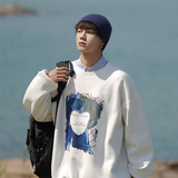 A331-WY204R-P55银狐绒港风宽松圆领印花加绒全棉情侣卫衣控价68，男装卫衣，电商C409