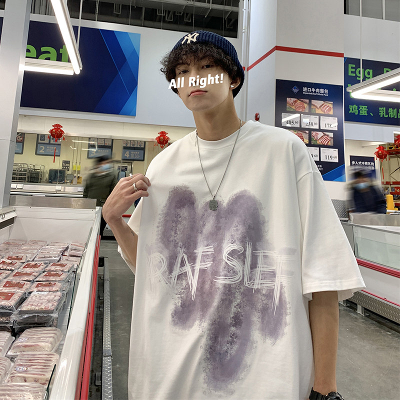 wassup happy美式涂鸦短袖t恤男夏季潮流oversize宽松休闲五分袖图片