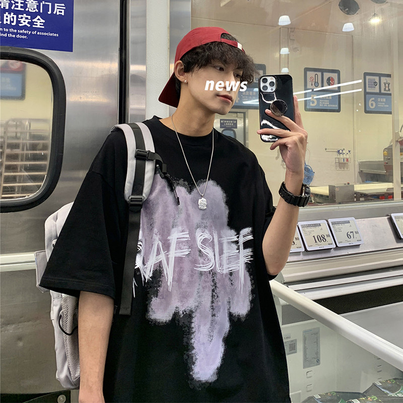 wassuphappy美式涂鸦短袖t恤男夏季潮流oversize宽松休闲五分袖,男装T恤,电商C409