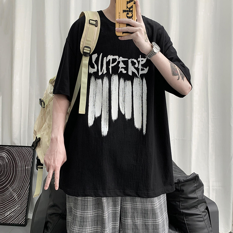 A331-T199-P25港风宽松圆领印花五分袖T恤，男装T恤，电商C409