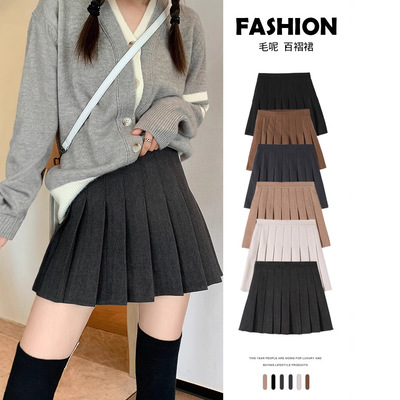 毛呢百褶裙短款加厚毛呢百褶裙女秋冬半身裙防走光裙黑色修身显瘦