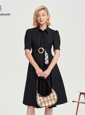 【雅格上美】AQEACARMON 黑色优雅气质短袖连衣裙女A23CF69J22
