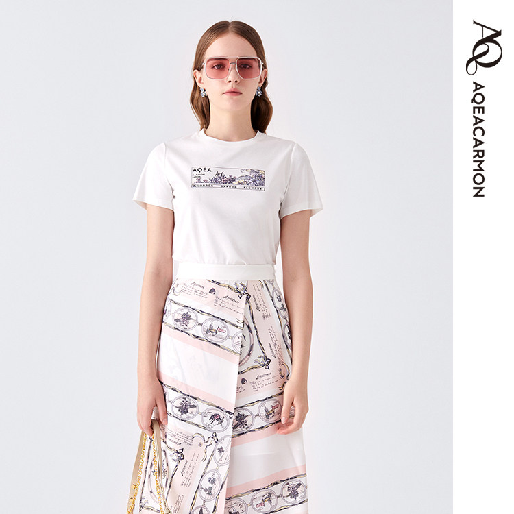 【雅格上美】AQEACARMON春季女士通勤花卉圆领短袖T恤 A24CF01J45