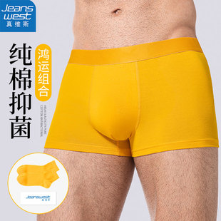 金色袜子四角短裤 真维斯男士 头男款 黄色抗菌纯棉平角裤 本命年内裤