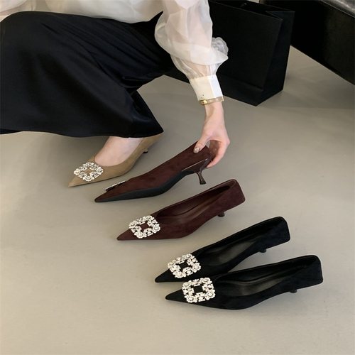 气质水钻高跟鞋2025年春秋新款法式绒面浅口单鞋女设计感小众